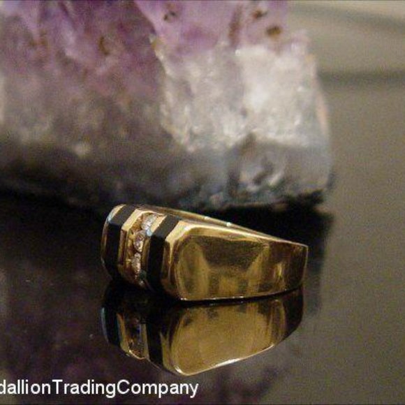 Heavy 14k Yellow Gold Tension Set .20 carat Diamond Inlaid Onyx Stripe Band Ring - Picture 2 of 5